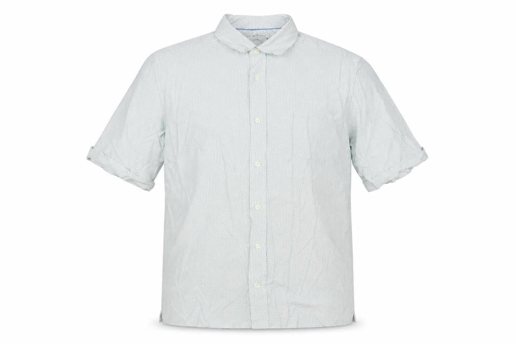 Front view of Blue Harbour men’s green geometric modal button-up, size L, collared button