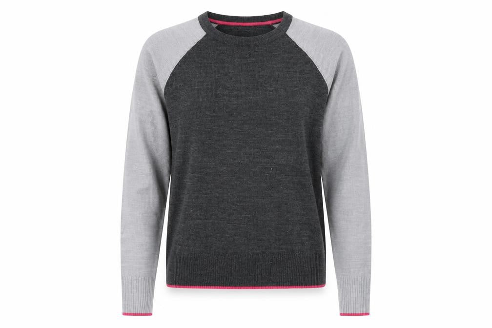 Front view of M&Co women’s grey round neck acrylic jumper, size UK 8