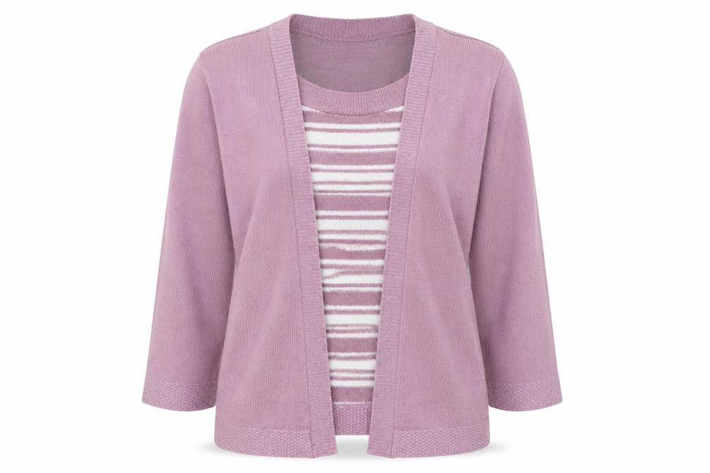Front view of Sarah Hamilton women’s purple round neck striped polyester jumper, size M