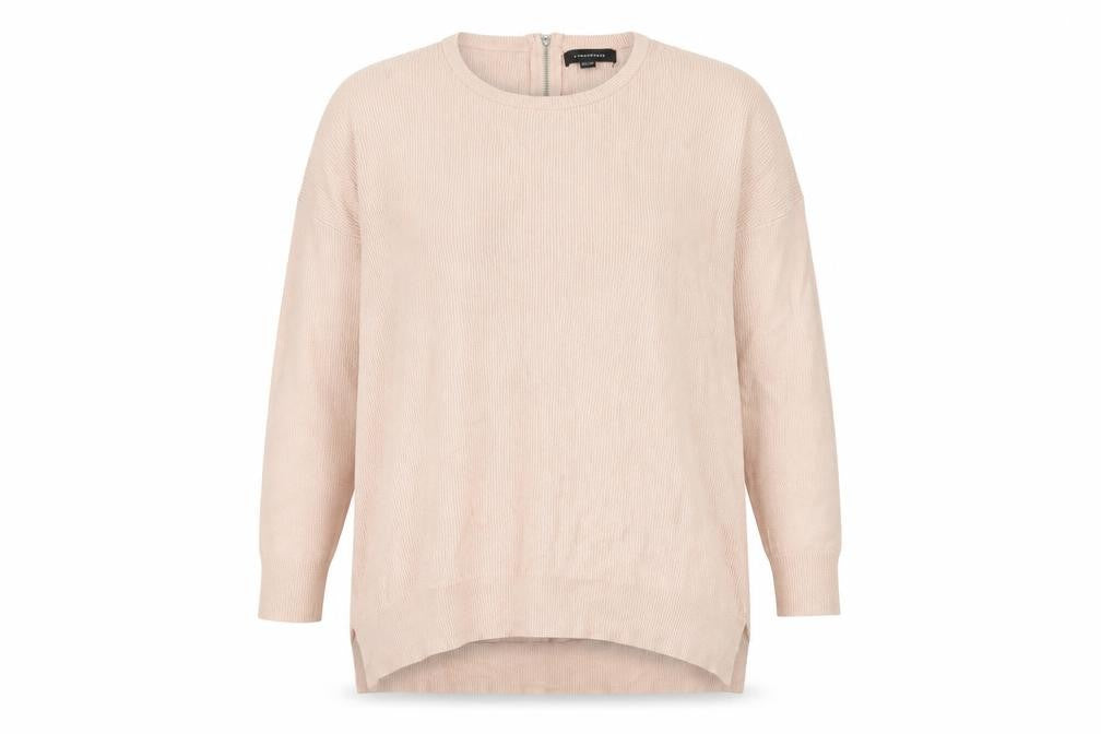 Front view of Atmosphere women’s pink round neck viscose jumper, size UK 12