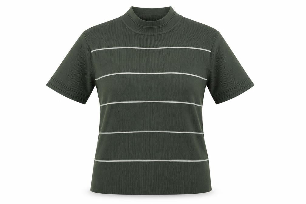 Front view of TIGI women’s green round neck striped acrylic jumper, size UK 14