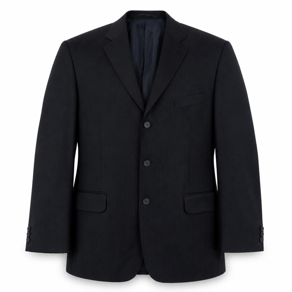 Front view of Burton men’s black striped wool jacket suit jacket, size 42