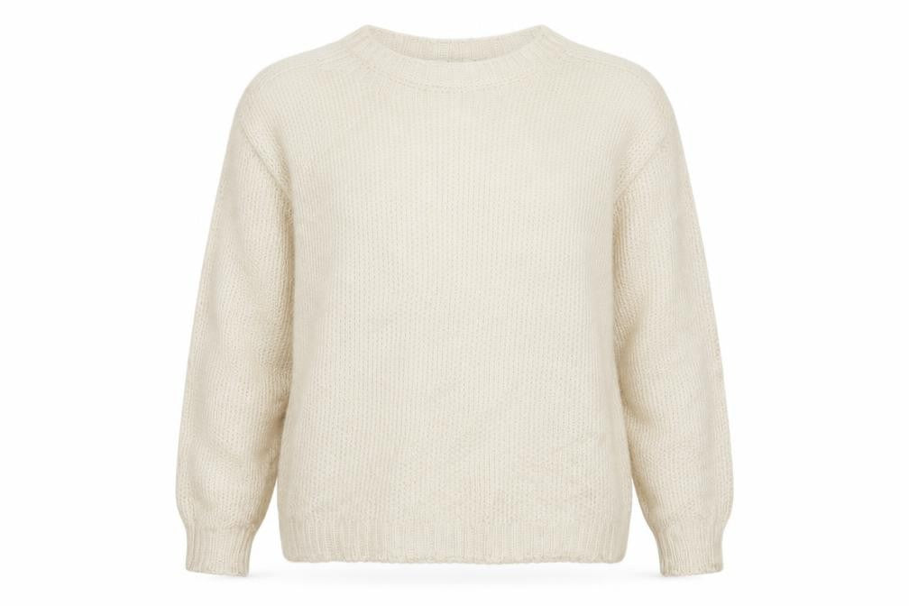 Front view of Indi & Cold women’s beige round neck acrylic jumper, size L