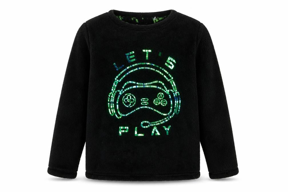 Front view of Primark boys’ black polyester pullover sweatshirt, size 10-11, years pullover - let's game