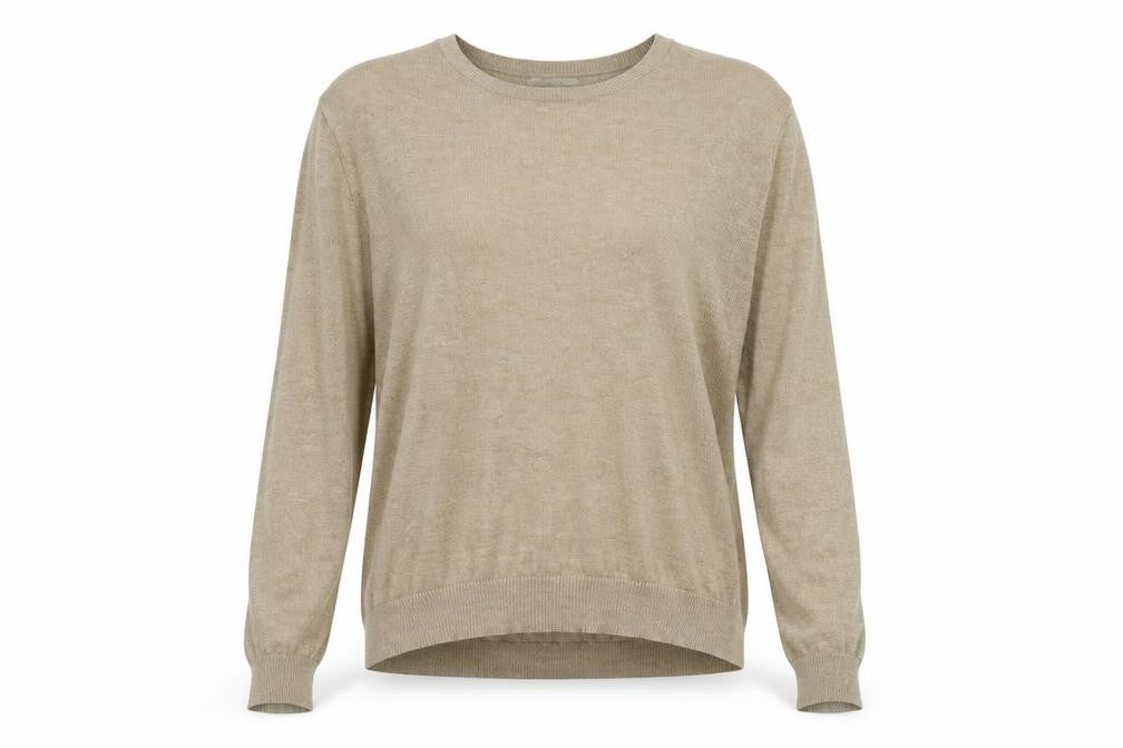 Front view of H&M women’s beige round neck acrylic jumper, size S