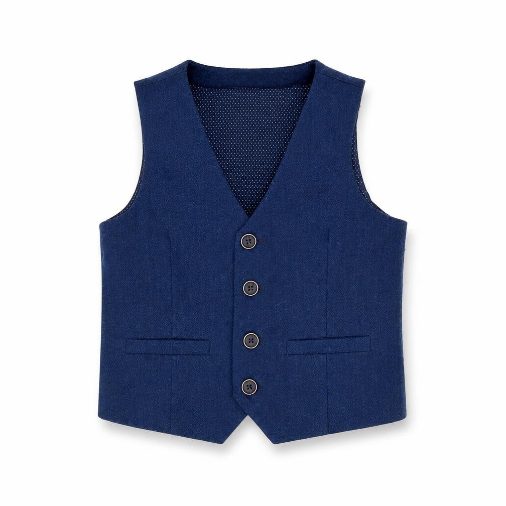 Front view of Next boys’ blue jacket waistcoat, size 2-3, years button