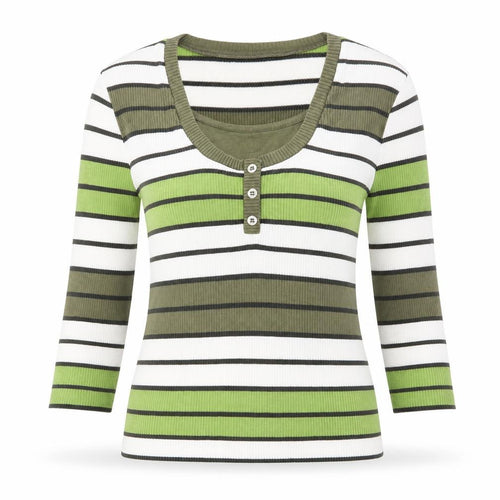 Leon Strick Womens Green Round Neck Striped Cotton Henley Jumper Size S