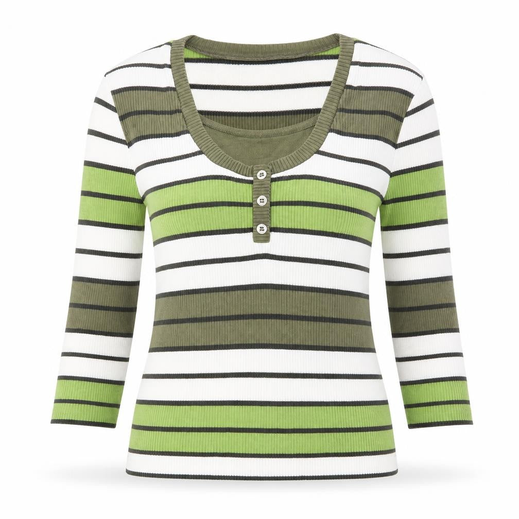 Leon Strick Womens Green Round Neck Striped Cotton Henley Jumper Size S