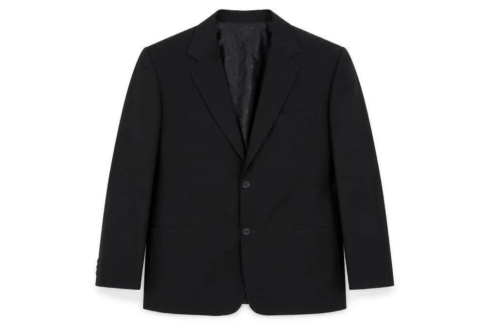 Front view of Elegance International men’s black polyester jacket suit jacket, size 38