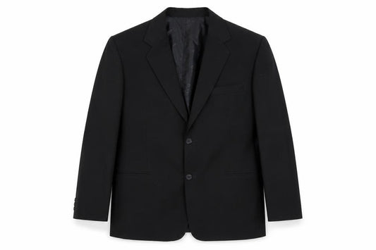 Front view of Elegance International men’s black polyester jacket suit jacket, size 38