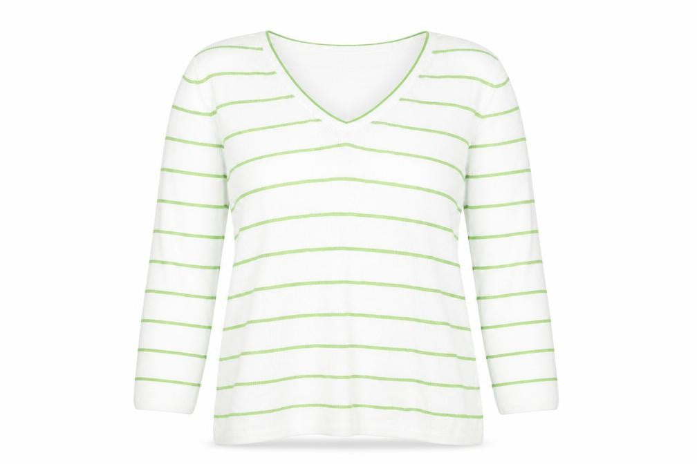 Front view of Carroll Reed women’s white round neck striped cotton jumper, size S