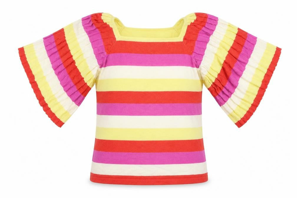 Front view of Gallery women’s multicoloured striped viscose basic t-shirt, size S, round neck