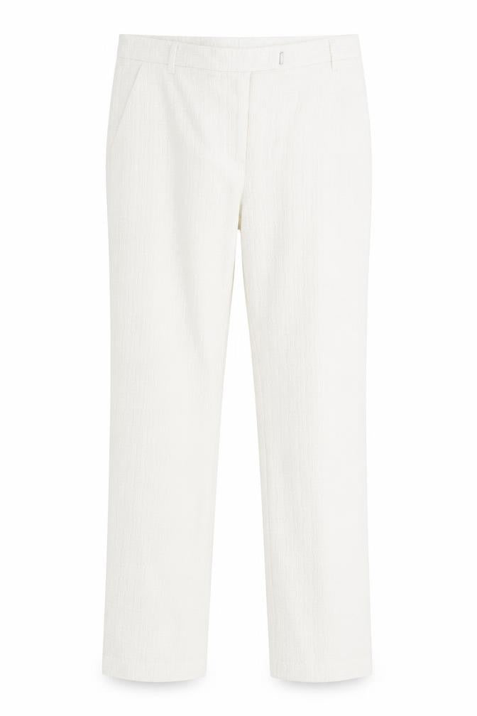 Front view of Topshop women’s white polyester trousers, size UK 8, 26-inch leg regular hook & eye