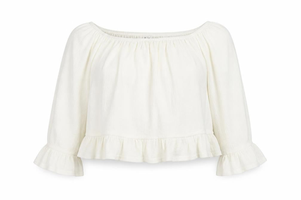 Front view of Atmosphere women’s white polyester cropped blouse, size UK 8, round neck