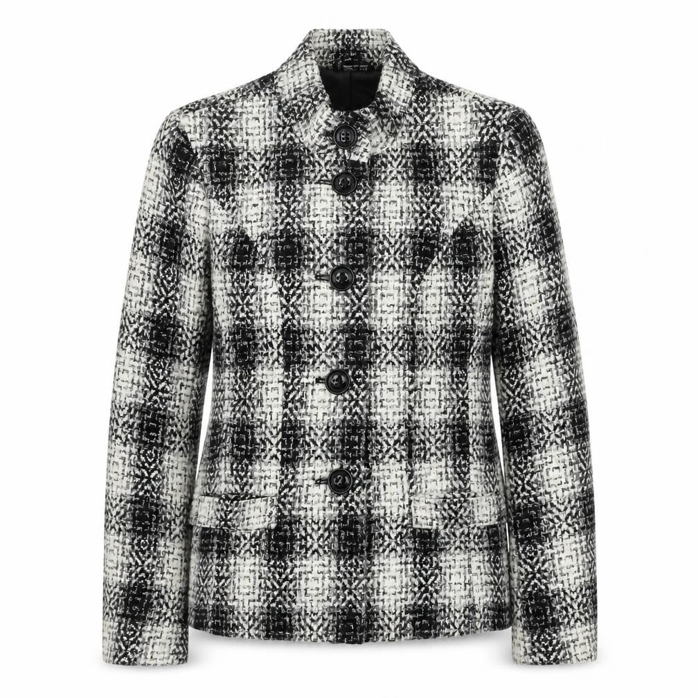 Front view of Preworn women’s black plaid jacket, size UK 10, button