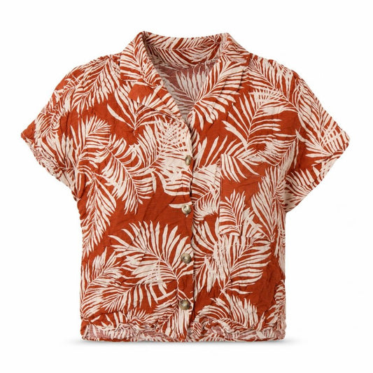 Front view of Primark women’s red floral polyester basic button-up, size UK 12, v-neck