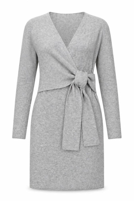Front view of SHEIN women’s grey acrylic wrap dress, size XS, v-neck tie - tie