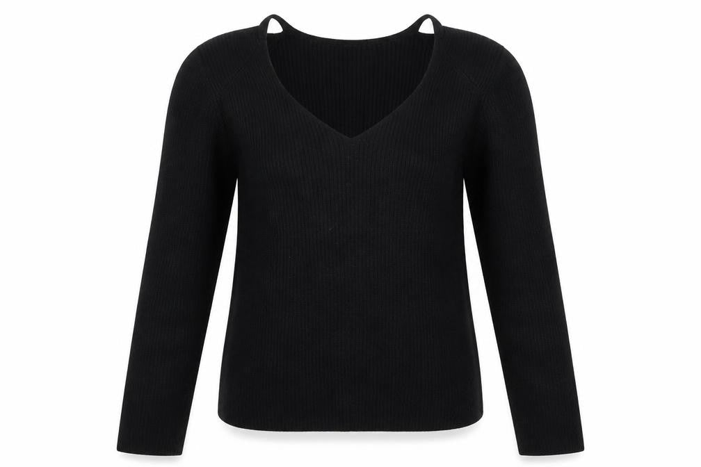 Front view of Style women’s black v-neck viscose jumper, size UK 18, - cut out