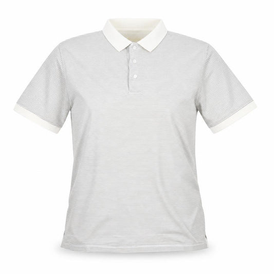 Front view of Eddie Bauer women’s grey striped cotton basic polo, size L, collared