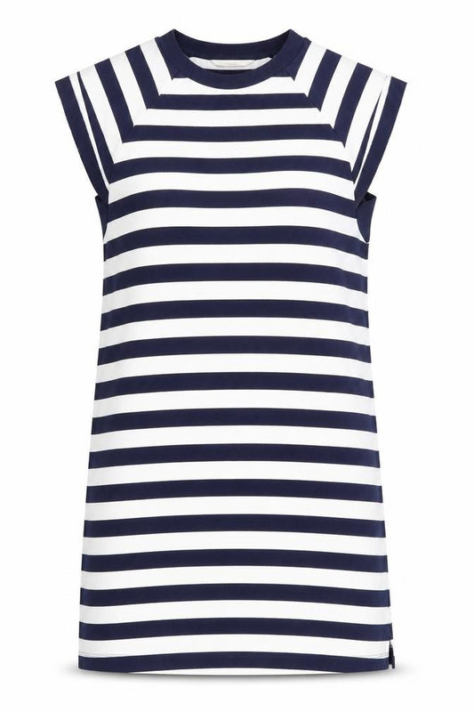 Front view of Next women’s blue striped cotton shift, size UK 12, round neck pullover