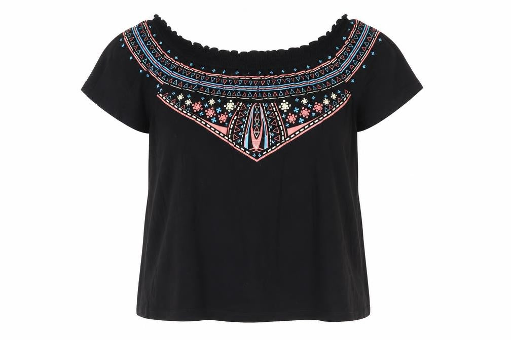 Front view of Primark women’s black geometric viscose basic blouse, size UK 12, off the shoulder