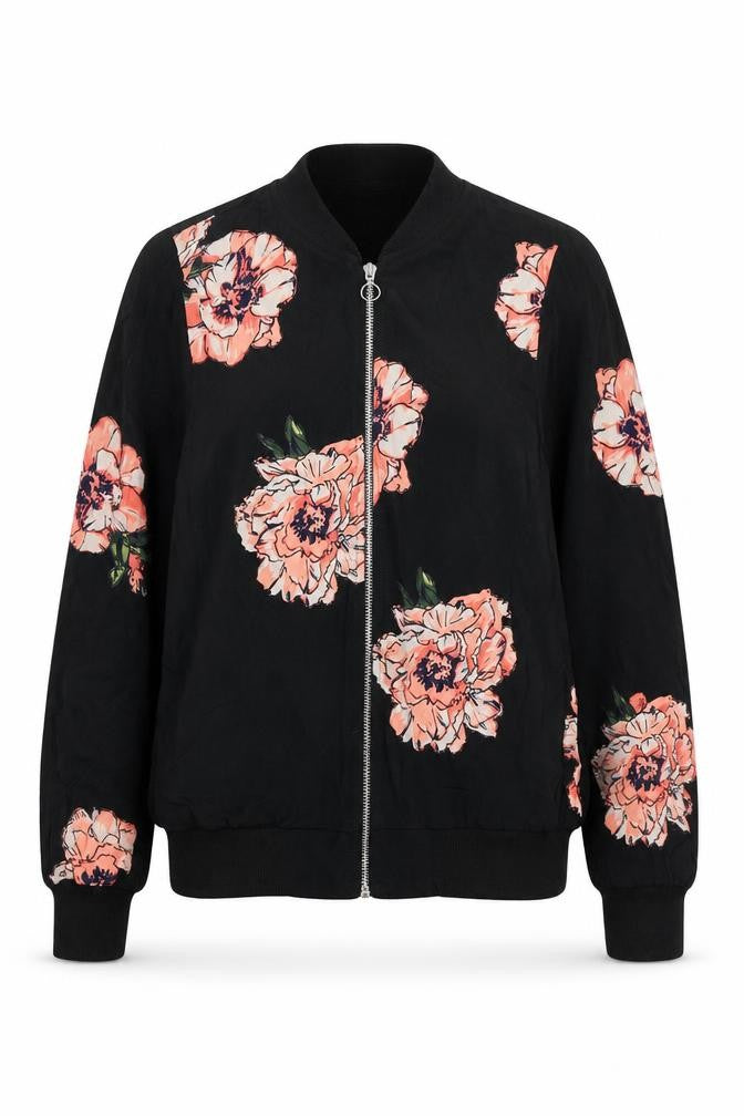 Front view of F&F women’s black floral jacket, size UK 6, zip