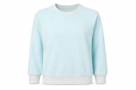 Front view of Lands End women’s blue polyester pullover sweatshirt, size S, pullover