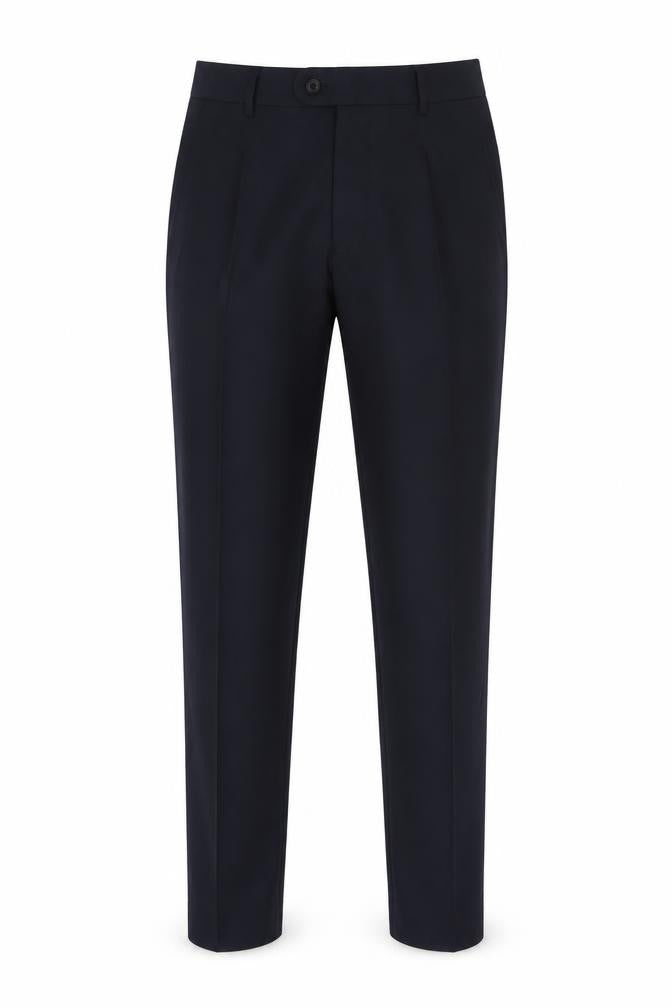 Front view of Merit men’s blue polyester chino trousers, size 32, in, 29-inch leg regular button