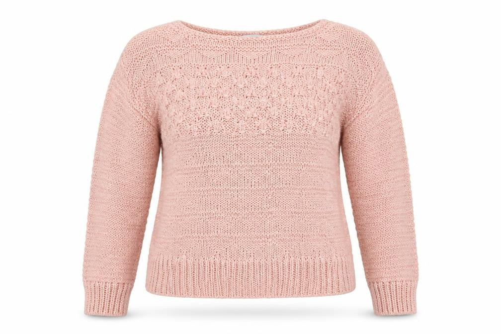 Front view of Warehouse women’s pink round neck acrylic jumper, size UK 12