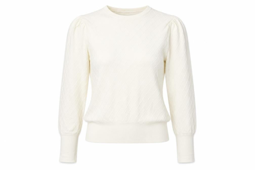 Front view of Marks & Spencer women’s white round neck viscose jumper, size UK 14