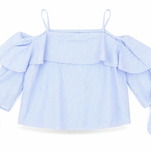Topshop Womens Blue Striped Cotton Cropped Blouse Size 4 Square Neck
