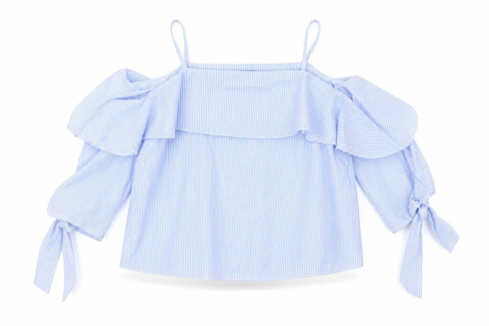 Topshop Womens Blue Striped Cotton Cropped Blouse Size 4 Square Neck