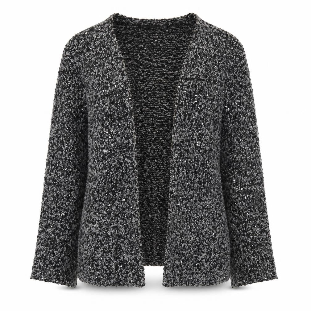 Front view of Atmosphere women’s grey v-neck polyester cardigan jumper, size UK 6