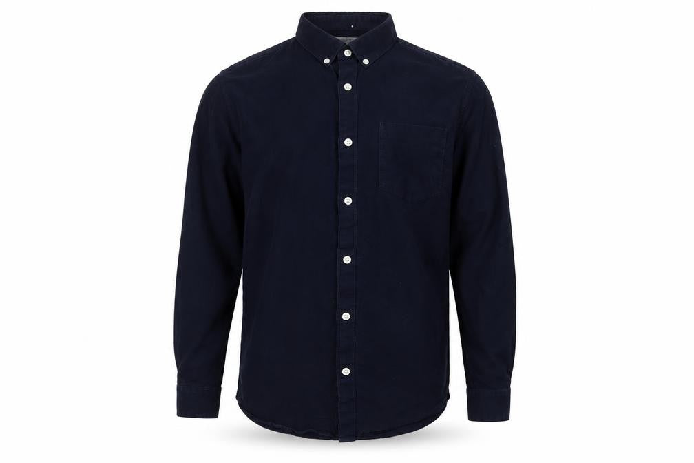 Front view of River Island men’s blue cotton button-up, size M, collared button