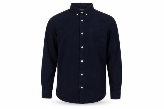 Front view of River Island men’s blue cotton button-up, size M, collared button