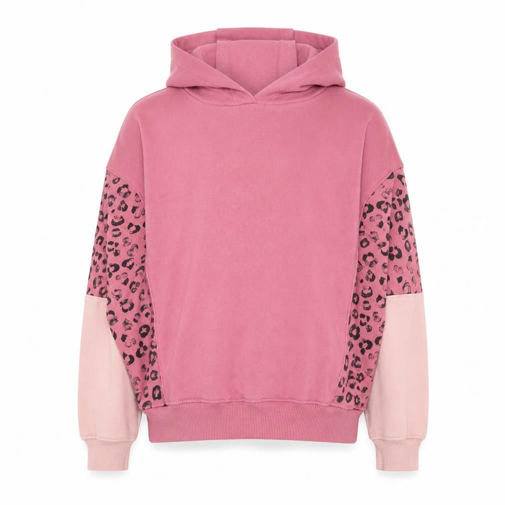 Front view of Next girls’ pink animal print cotton pullover hoodie, size 11, years pullover