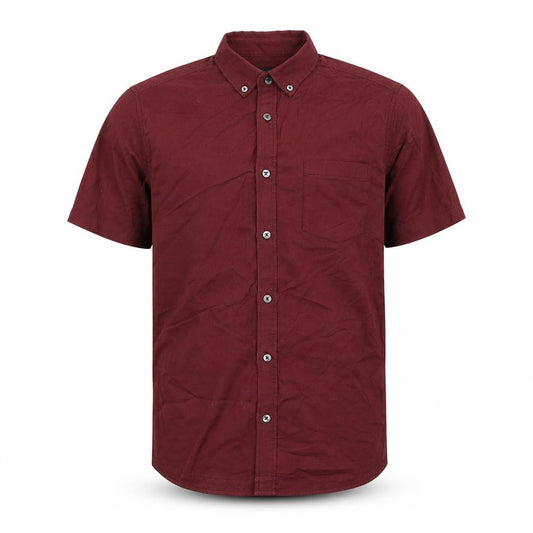 Front view of Burton men’s red cotton button-up, size S, collared button