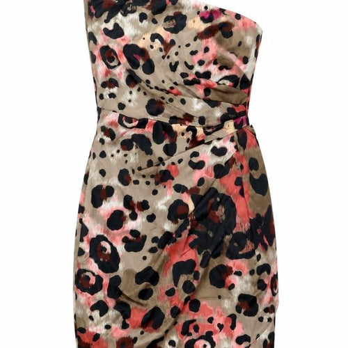 London Times Womens Brown Animal Print Polyester Mini Size 8 One Shoulder Zip - Leopard Print