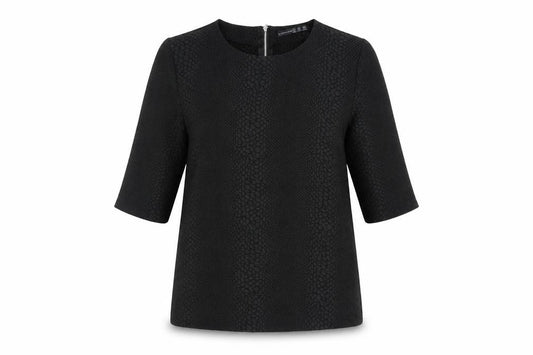 Front view of Atmosphere women’s black animal print polyester basic blouse, size UK 8, round neck