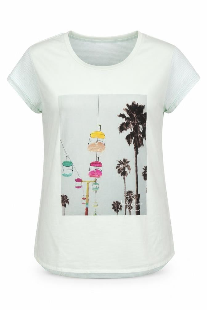 Front view of Maison Scotch women’s multicoloured striped polyester basic t-shirt, size UK 4, round neck - palm trees