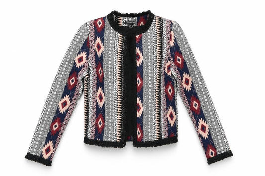 Front view of Atmosphere women’s multicoloured geometric jacket, size UK 8