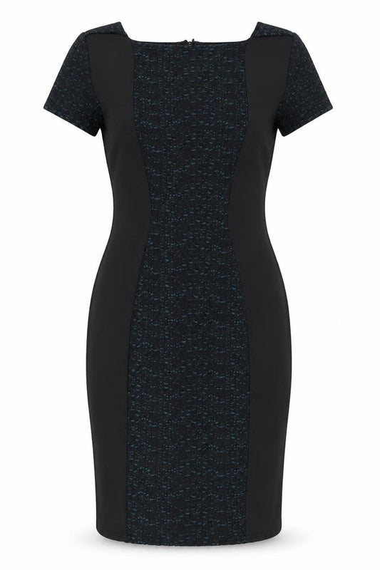 Front view of Miss Selfridge women’s black geometric polyester a-line, size UK 10, round neck zip