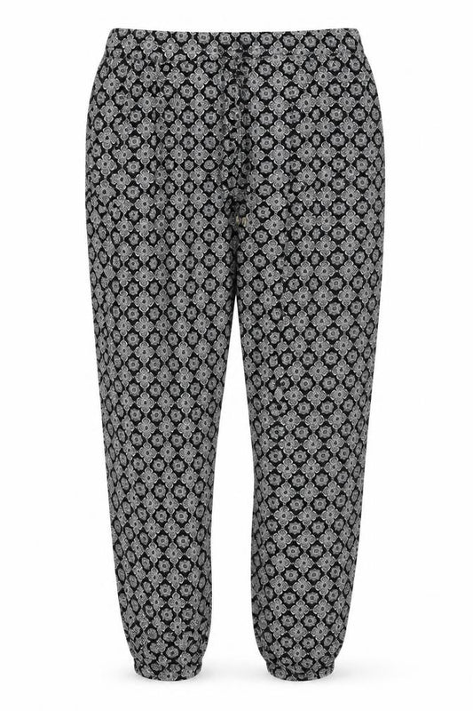 Front view of BAF women’s multicoloured geometric viscose trousers, size UK 10, 27-inch leg regular
