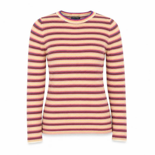 Front view of New Look women’s multicoloured round neck striped polyester jumper, size UK 12