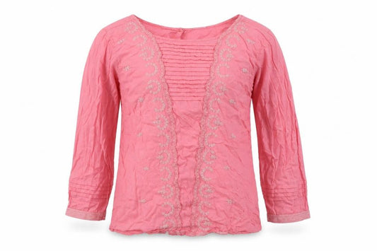 Front view of Vero Moda women’s pink geometric viscose basic button-up, size XS, round neck