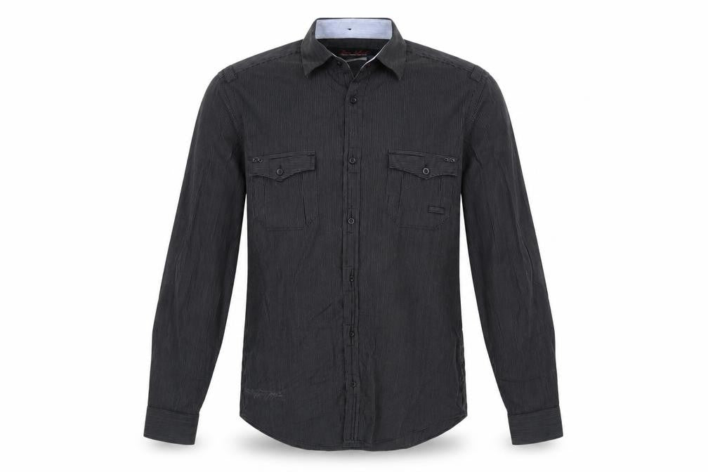 Front view of River Island men’s black striped cotton button-up, size S, collared button