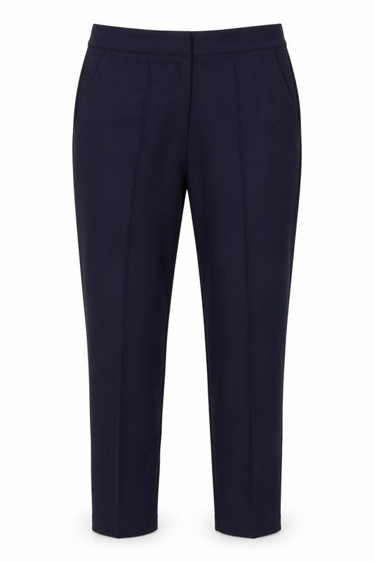 Front view of Warehouse women’s blue polyester trousers, size UK 12, 29-inch leg regular hook & eye