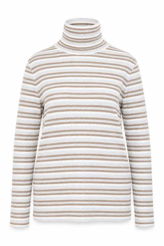 Front view of Marks & Spencer women’s multicoloured roll neck striped polyester jumper, size UK 14