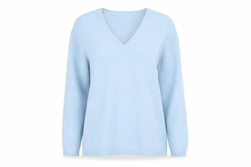 Front view of LOFT women’s blue v-neck nylon jumper, size M