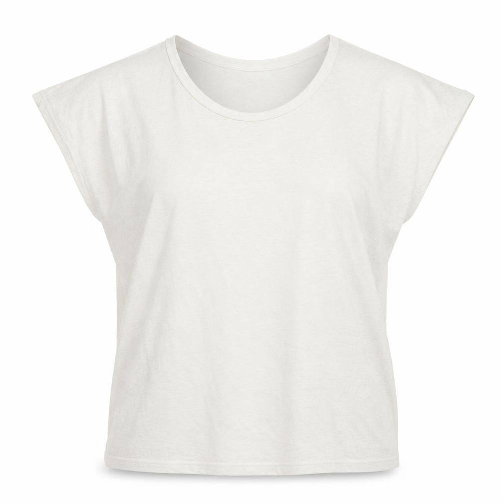 Front view of Topshop women’s ivory polyester basic t-shirt, size UK 6, scoop neck